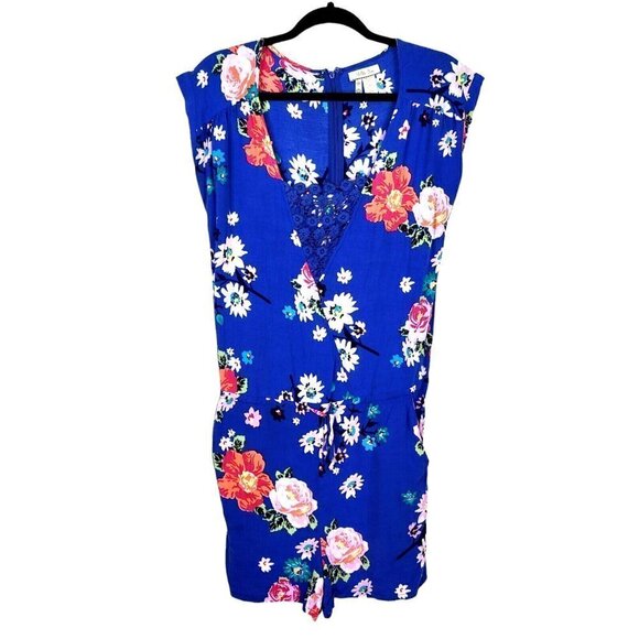 Matilda Jane Romper Size M Blue Floral Crochet Accent Drawstring Waist Pockets - Picture 2 of 10